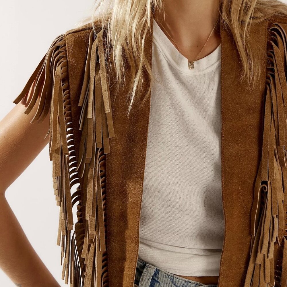 Free People Western Fringe Leather Shawl NWT OS | Tan Suede Fringe Wrap Boho - Picture 6 of 12